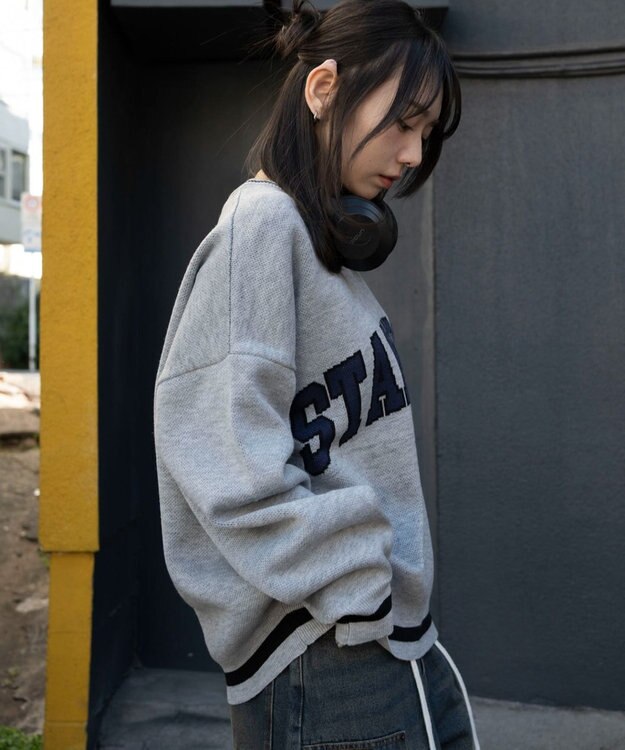 WEGO VネックグラフィックニットBIGプルオーバー 杢グレー