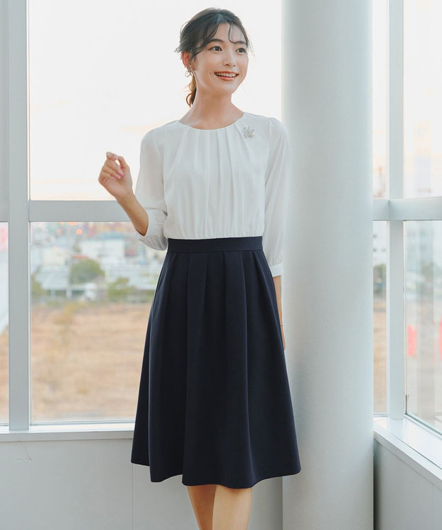 Tiaclasse L 【ダブルクロス】シフォンドッキングワンピース ネイビー