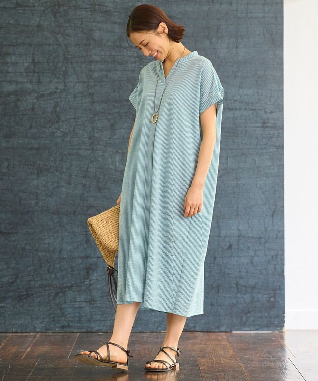 自由区 【WEB限定・洗える・XSサイズあり】シャドウサッカー ワンピース ライトグリーン系1