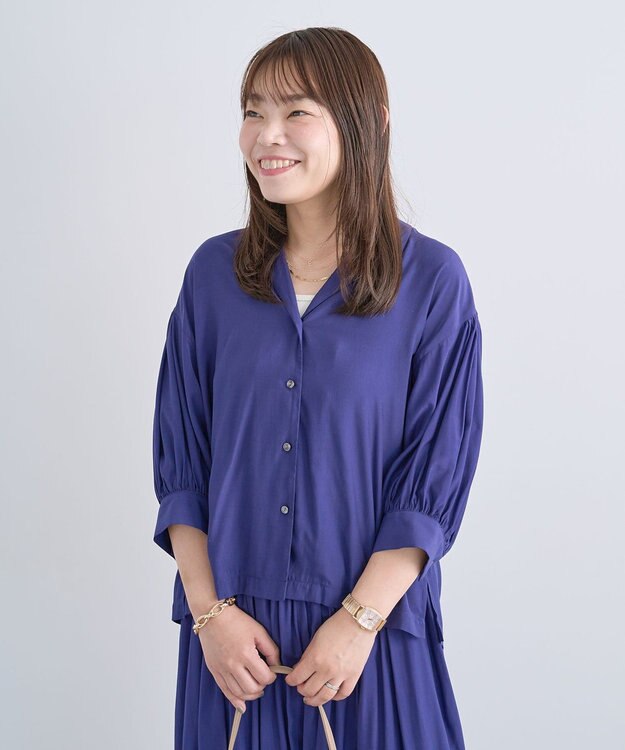 Green Parks 接触冷感シルキータッチローンオープンカラーシャツ Blue
