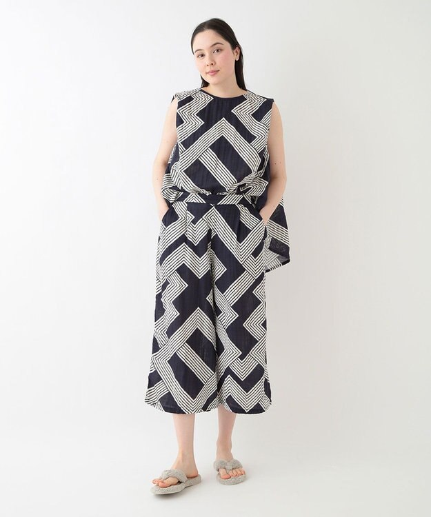 UCHINO クレープガーゼ ジオメトリックガウチョパンツ ダークブルー