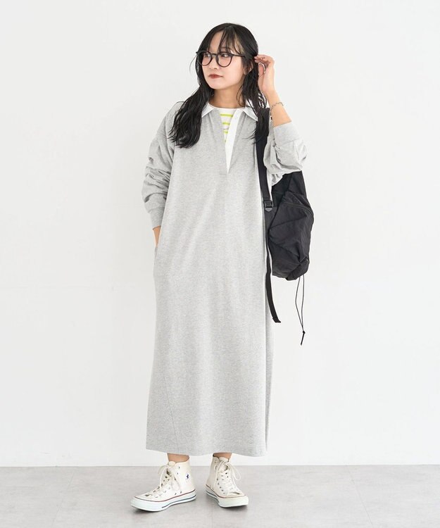 Green Parks ラガーシャツワンピース Gray Mixture