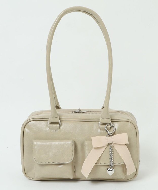 WEGO チャーム付きスクエアボストンバッグ ライトベージュ