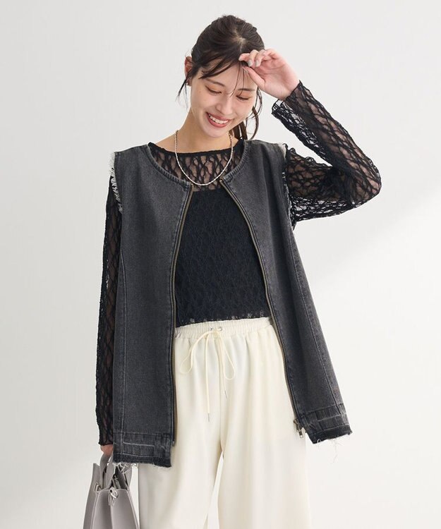 Green Parks パネルラインレースカットプルオーバー Black