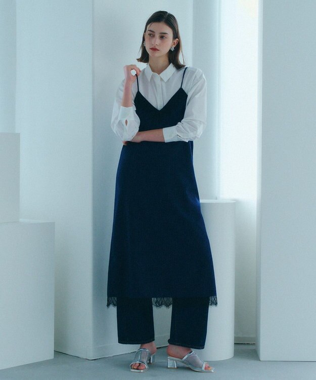 YECCA VECCA ストライプ柄レースMIXキャミワンピース Navy