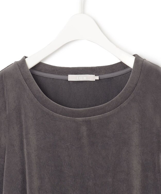 ICB L 【洗える】フロッキーベロア 5分袖プルオーバー チャコール系