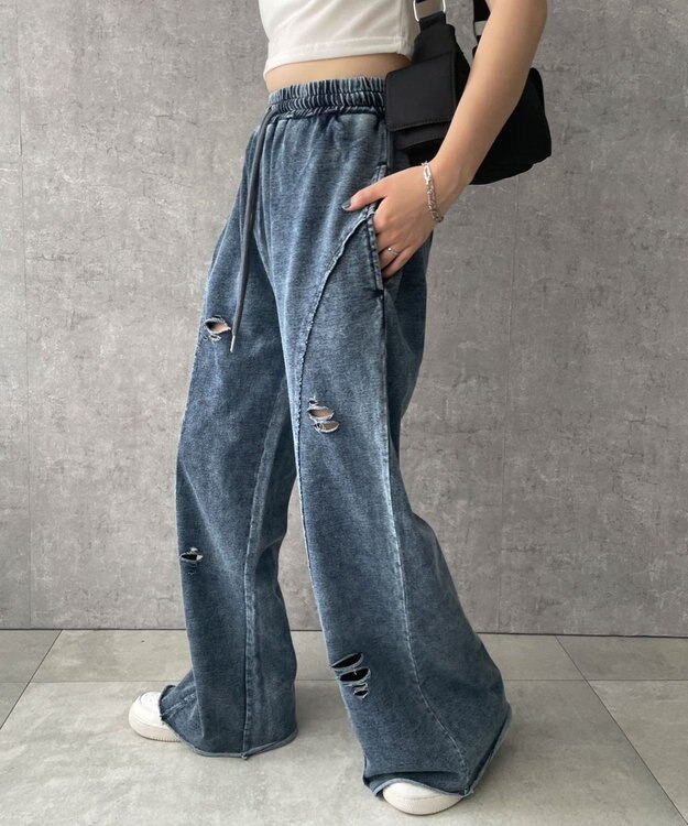 WEGO 【ウエストゴム】ヴィンテージウォッシュスウェットワイドパンツ デニム