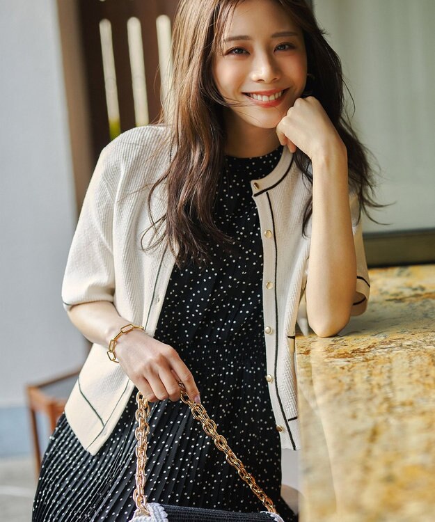 ANY SIS バイカラーニット カーディガン オフ×ブラック