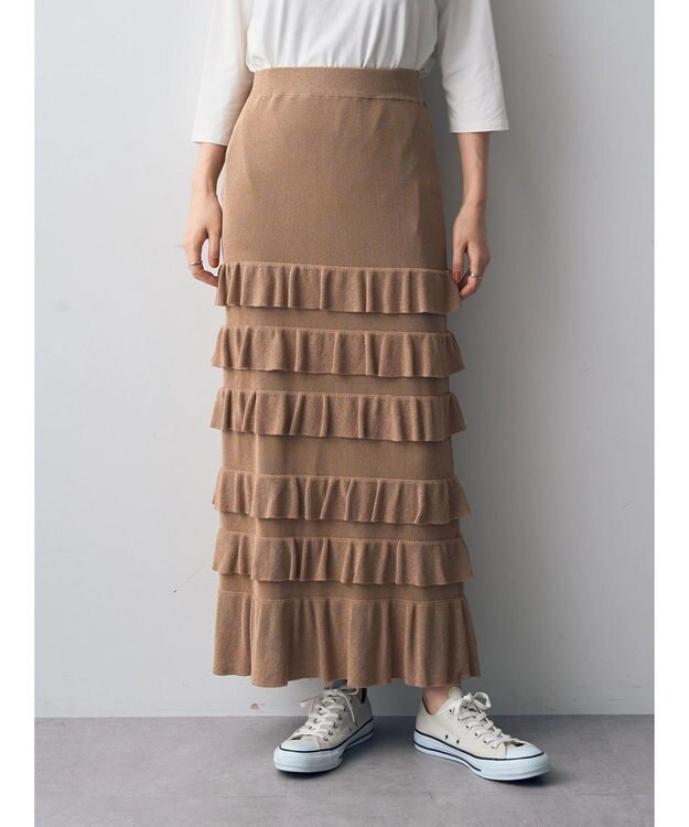 YECCA VECCA ティアードフリルラメニットスカート Beige
