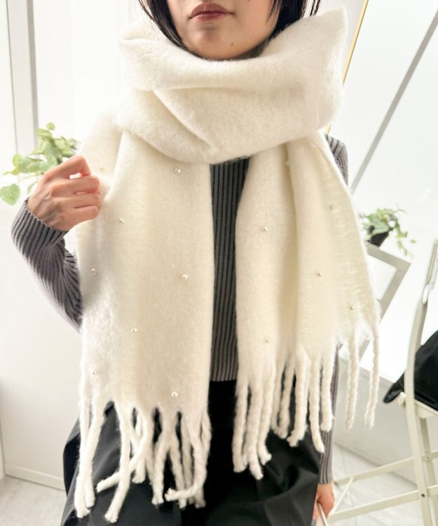 WEGO パール付きワイドフリンジストール ホワイト