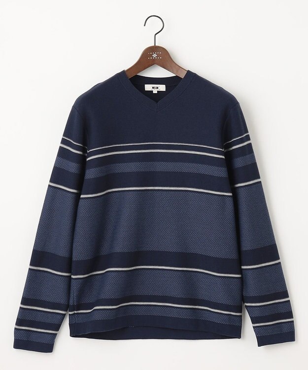 JOSEPH ABBOUD 【滑らかな肌触り】パネルボーダーVネックニット ネイビー系2