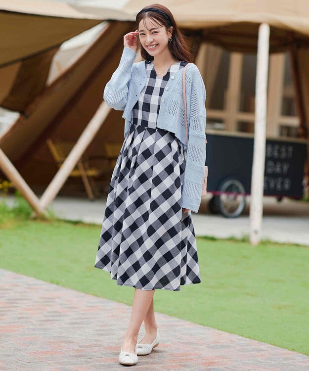 Tiaclasse 【袖が選べる・洗える】大柄ギンガムチェックワンピース ノースリーブ：ネイビー