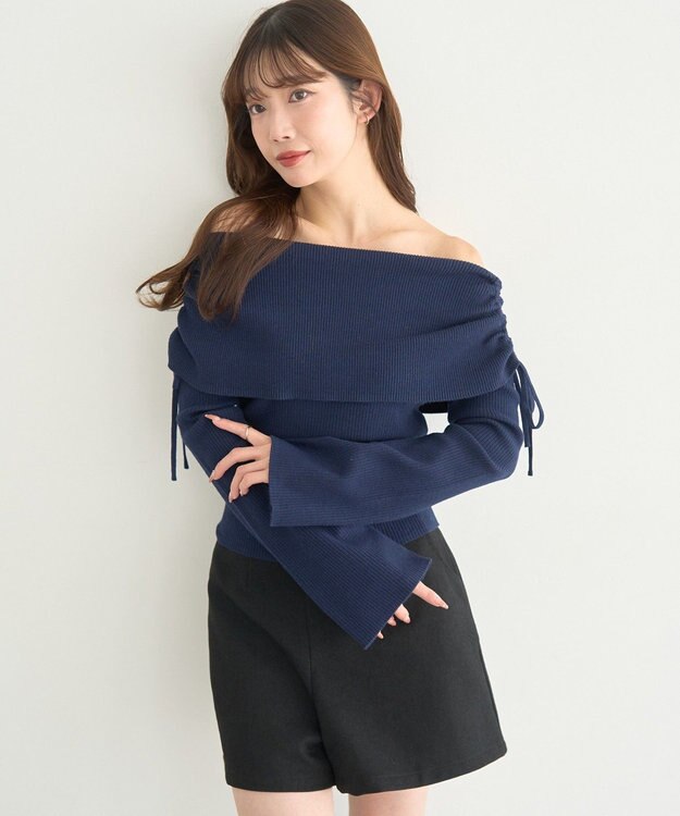 earth music&ecology リボンギャザーオフショルニットプルオーバー Navy