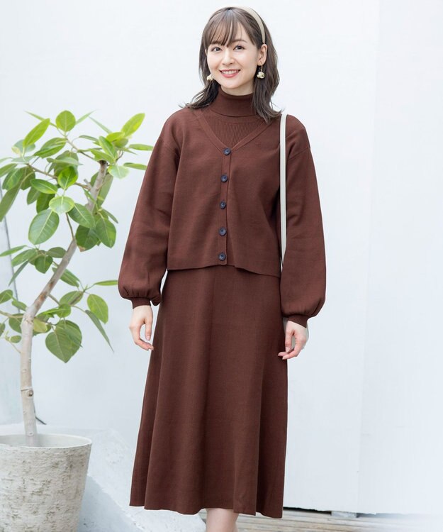 Tiaclasse 【洗える】大人上品なニットカーデ＋ワンピースセット ブラウン