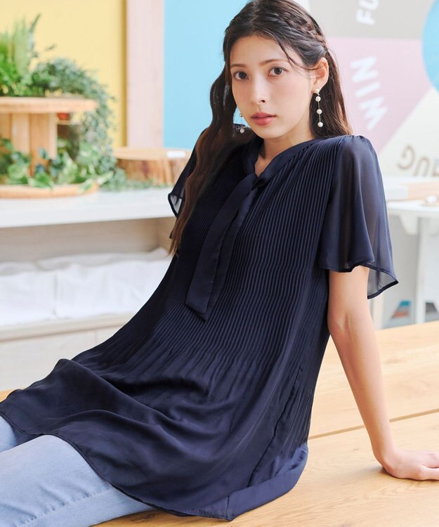 Tiaclasse 【洗える】マジョリカプリーツシフォンチュニックブラウス ネイビー