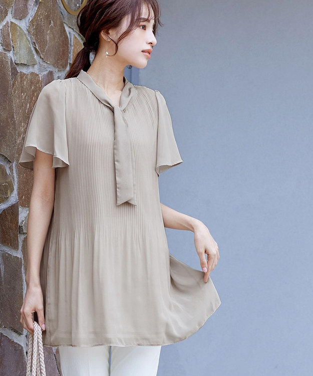 Tiaclasse 【洗える】マジョリカプリーツシフォンチュニックブラウス グレージュ