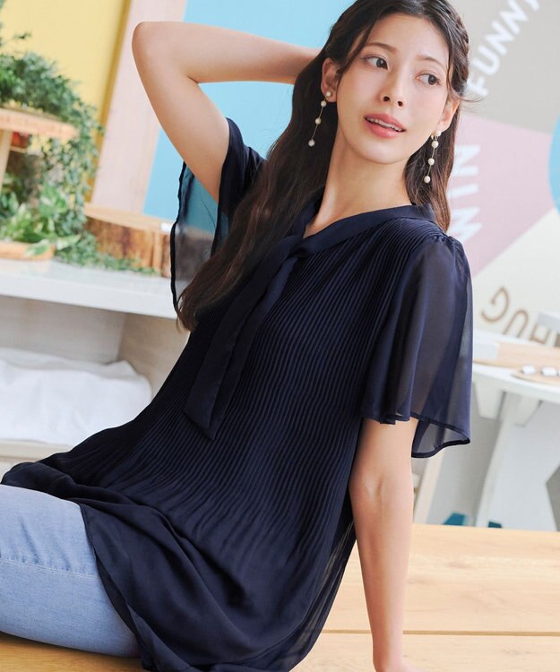 Tiaclasse 【洗える】マジョリカプリーツシフォンチュニックブラウス ネイビー