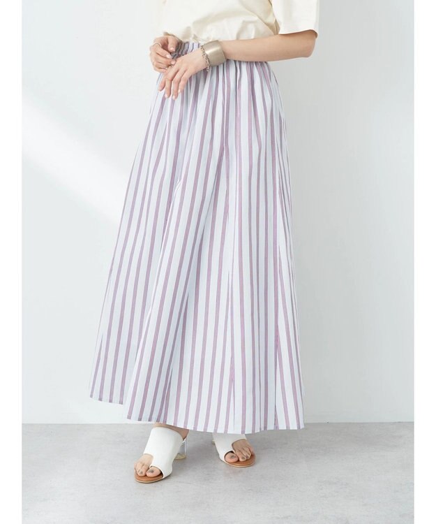 earth music&ecology ポプリンフレアスカート Stripe Sax