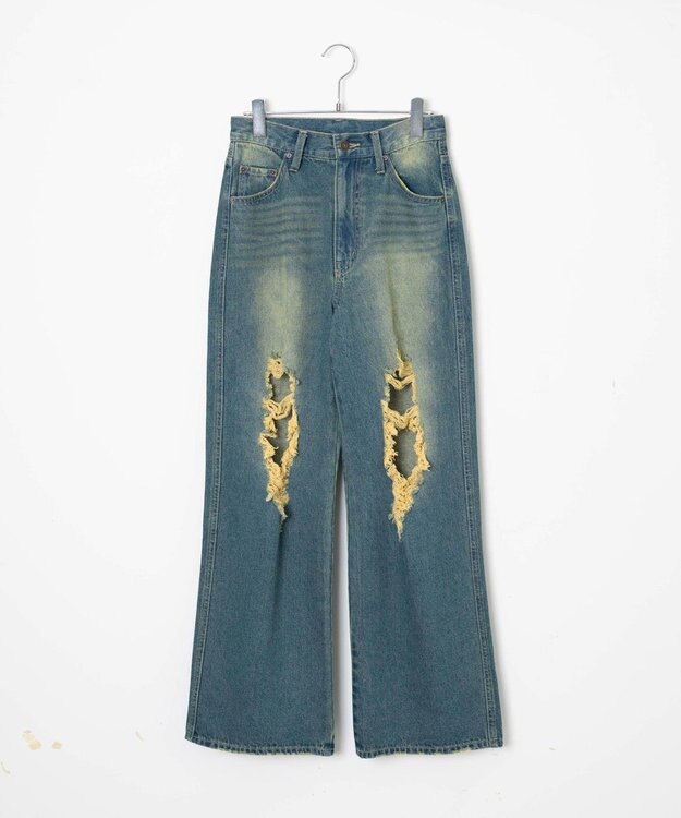 WEGO ヴィンテージウォッシュダメージデニムパンツ デニム中濃加工色