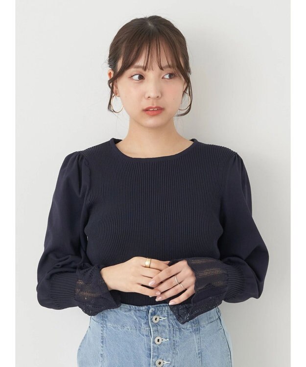 earth music&ecology 袖ポイントニットプルオーバー Navy