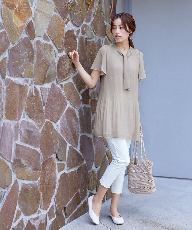 Tiaclasse 【洗える】マジョリカプリーツシフォンチュニックブラウス グレージュ