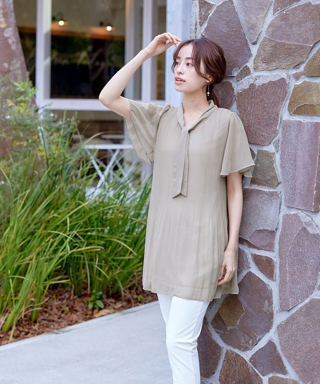 Tiaclasse 【洗える】マジョリカプリーツシフォンチュニックブラウス グレージュ