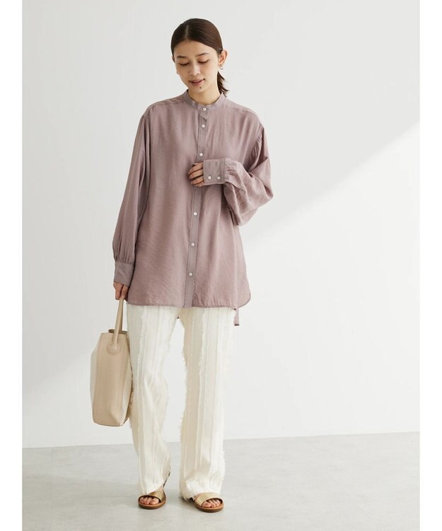 Green Parks バンドカラーシアーシャツ Brown