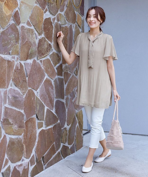 Tiaclasse 【洗える】マジョリカプリーツシフォンチュニックブラウス グレージュ