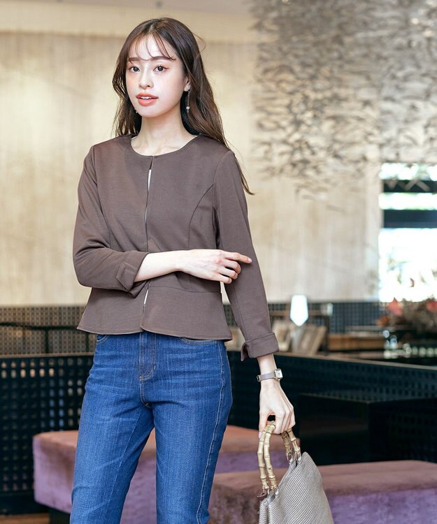 Tiaclasse 【新色追加・洗える】ノーカラーカットソージャケット モカ