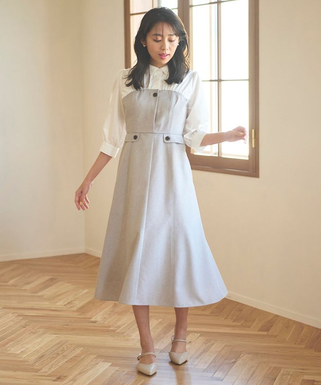 Feroux 【洗える】シャツドッキング ワンピース ベージュ系
