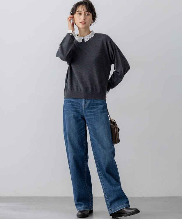 23区 【洗える】エンブロイダリー フラワーレースコンビ ニット グレー系