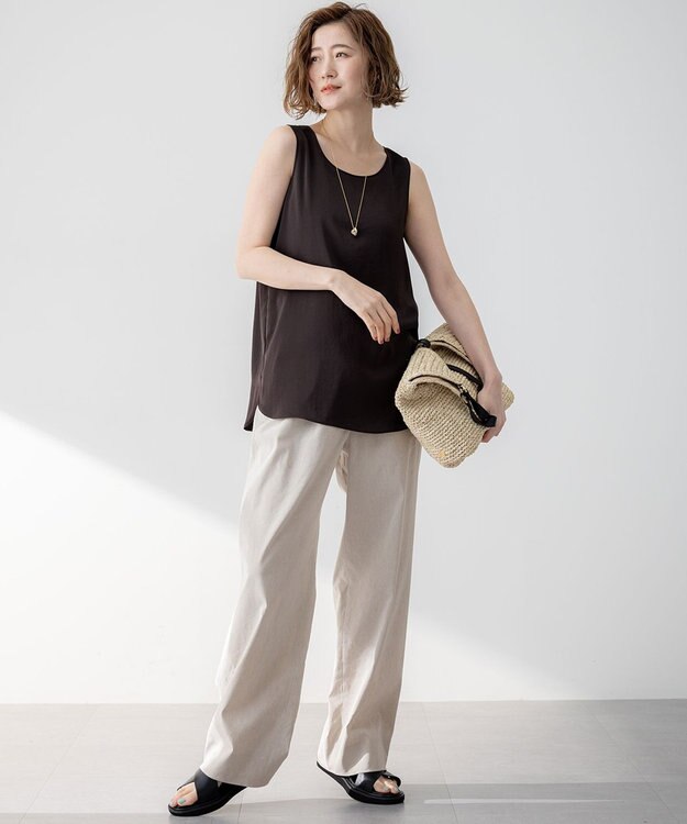 23区 【洗える】リネンレーヨンストレッチ ドロスト ワイド パンツ ベージュ系