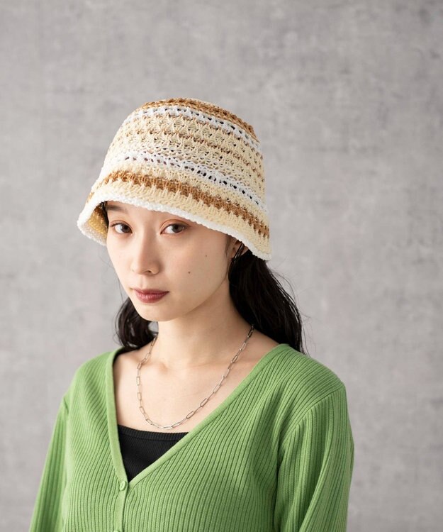 WEGO クロシェ編みボーダーハット オフホワイト
