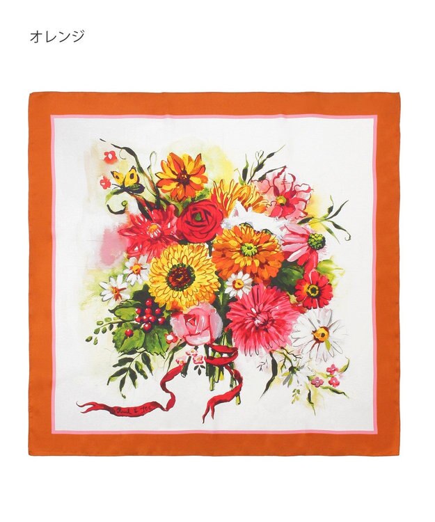 MOONBAT PAUL&JOE ACCESSOIRES(ポール & ジョー) シルクスカーフ 気球 ブーケ 88cm×88cm　手洗いOK オレンジ