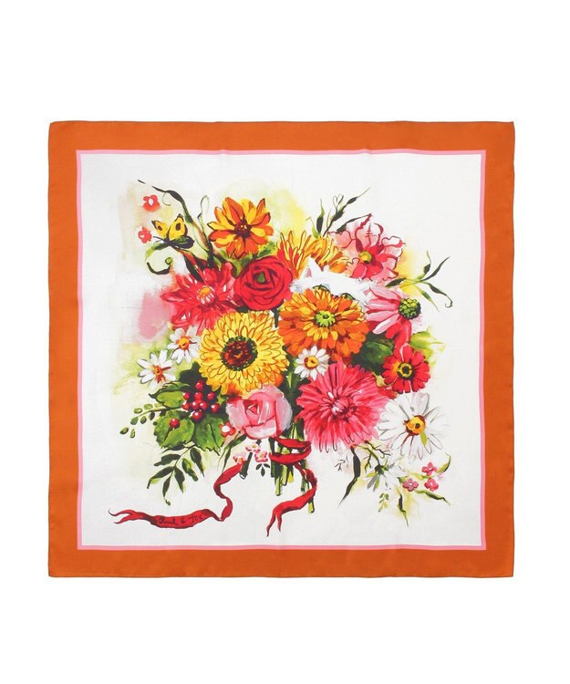 MOONBAT PAUL&JOE ACCESSOIRES(ポール & ジョー) シルクスカーフ 気球 ブーケ 88cm×88cm　手洗いOK オレンジ