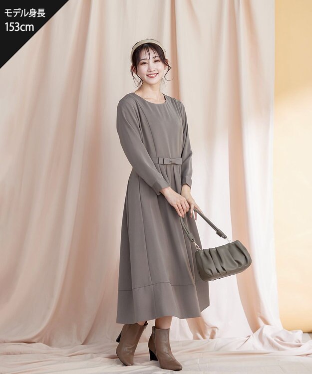 Tiaclasse 【洗える】  リボンギャザーフレアワンピース モカ