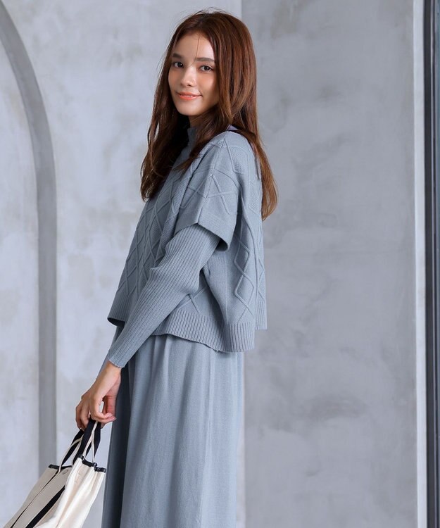 Tiaclasse 【2点セット】ケーブルトップス＆ニットワンピースセット ライトブルー