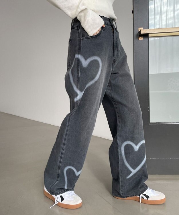 WEGO スプレーペイントストレートデニムパンツ ブラックその他
