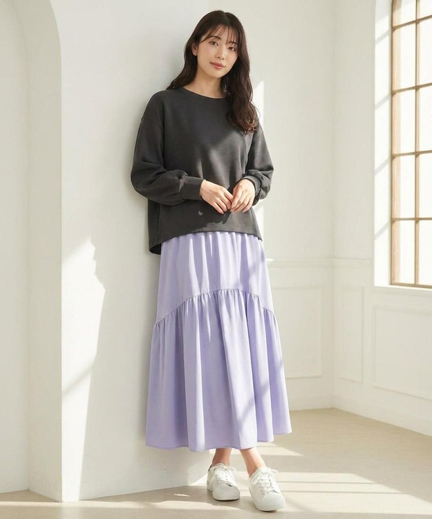 ANY SIS S 【洗える・2SET】ダンボール プルオーバー×ギャザー スカート スレート×ブルー
