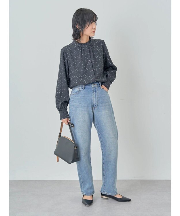 Green Parks ＢＰ　ケア楽　スタンドフリルブラウス Dot Black