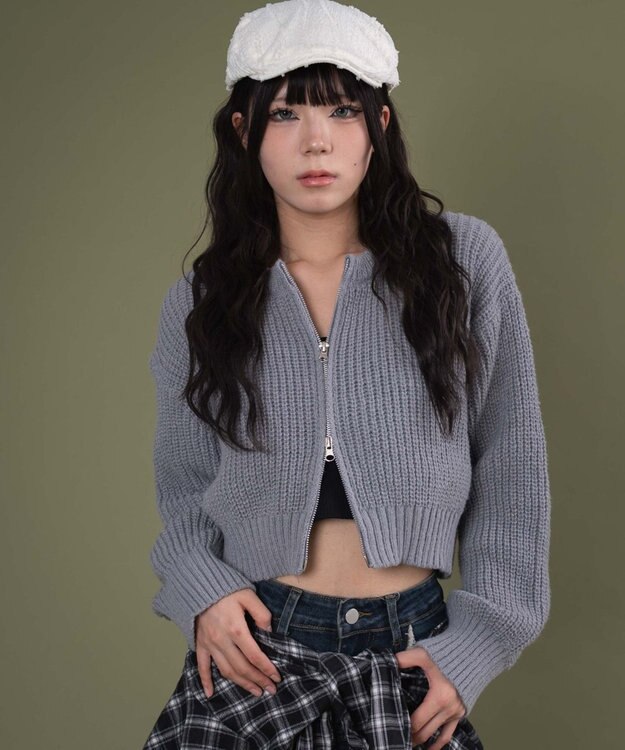 WEGO ダブルZIPニットカーデ グレー