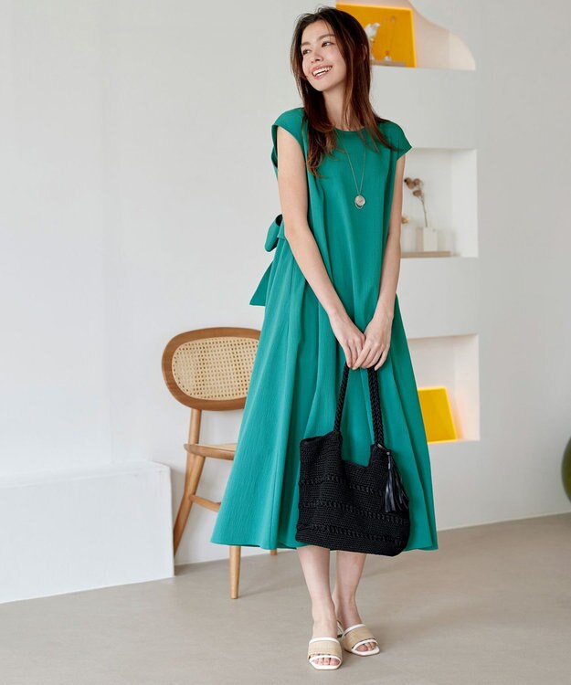 Tiaclasse L 【2WAY・洗える】ウエストリボンフレンチスリーブマキシワンピース グリーン