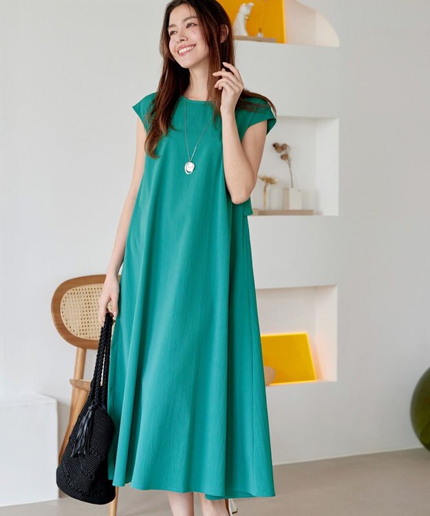 Tiaclasse L 【2WAY・洗える】ウエストリボンフレンチスリーブマキシワンピース グリーン
