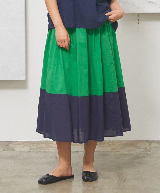 J.PRESS YORK STREET 【WOMEN】バイカラーギャザー スカート グリーン系1
