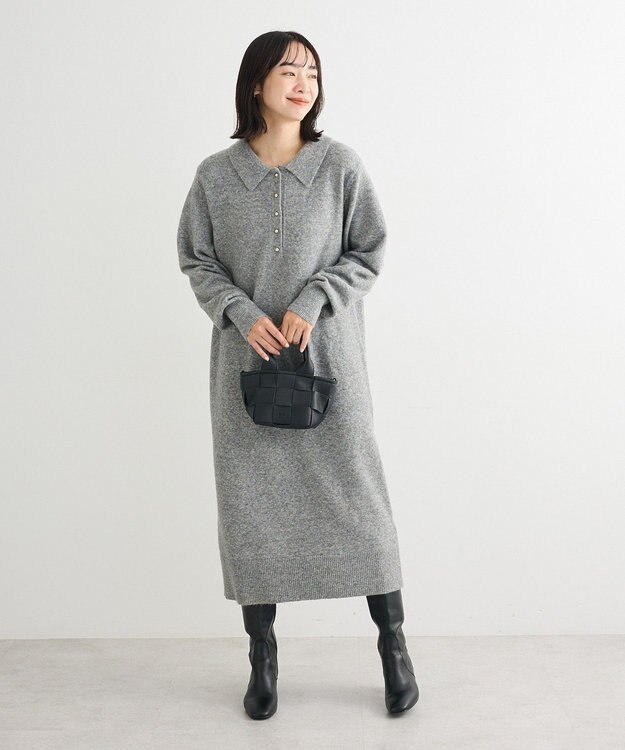 Green Parks 金釦ポロシャツニットワンピース Gray Mixture