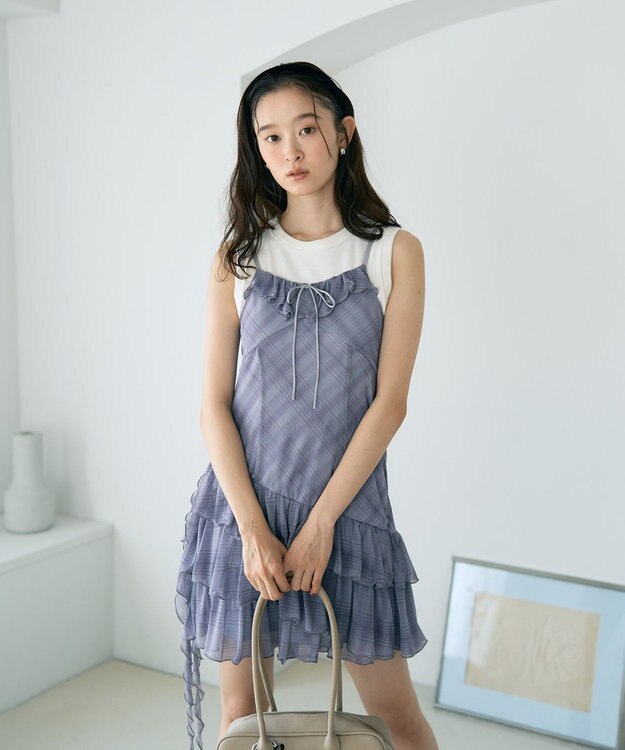 earth music&ecology フロントリボンチェックミニキャミワンピース Check Gray