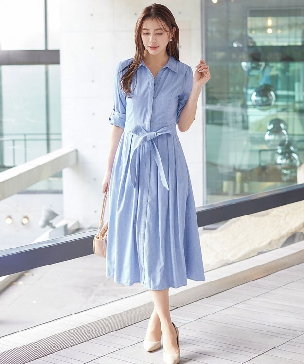 Tiaclasse 【洗える】シャツワンピース ネイビーストライプ