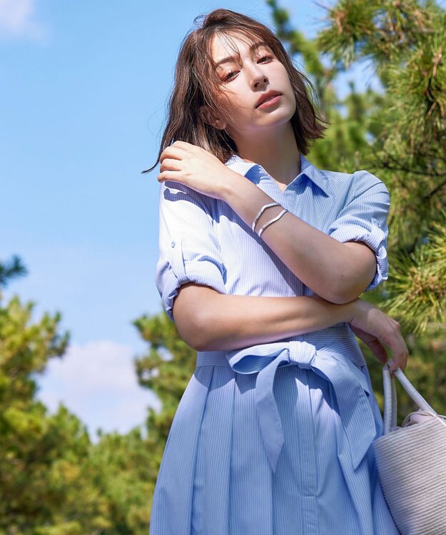 Tiaclasse 【洗える】シャツワンピース サックスストライプ