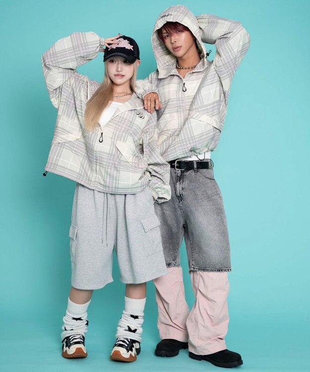 WEGO 【ユニセックス着用ITEM/MLサイズ展開】チェックロゴフードブルゾン ピンクソノタ