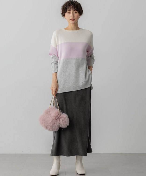 23区 S 【洗える】ウールカシミヤ カラーブロック チュニック ニット ライトピンク